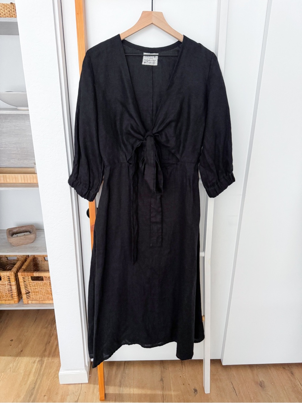 Meetra Linen Black Tie Front Midi Dress Puff Sleeve Size S